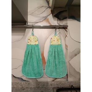 2 Asciugamani da cucina in pile corallo colore verde acqua 26 x 40 con occhiello fantasia frutta