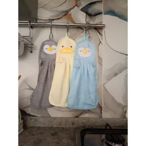 Set 3 Asciugamani a forma di pinguino, anatroccolo e pulcino con occhiello in pile corallo per bagno o cucina