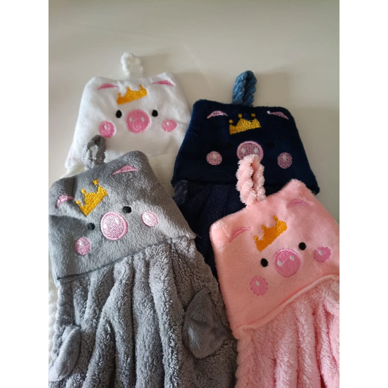 Set 4 Asciugamani a forma di maialino con occhiello in pile corallo per bagno o cucina in diversi colori - immagine 2