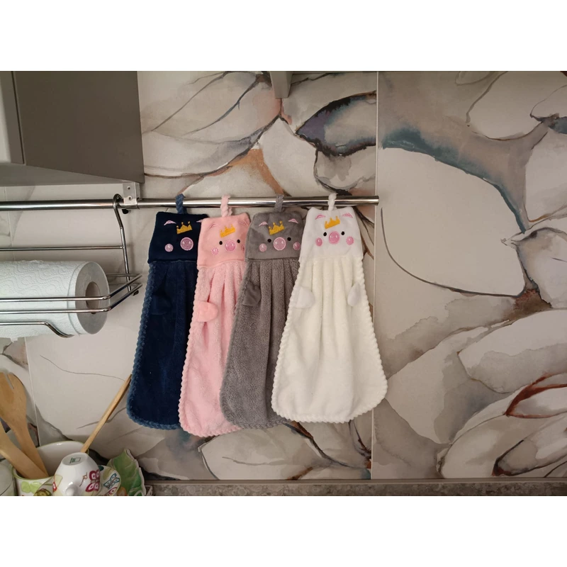 Set 4 Asciugamani a forma di maialino con occhiello in pile corallo per bagno o cucina in diversi colori - immagine 10