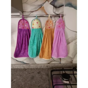 Set 4 Asciugamani da cucina morbidi ed assorbenti in vari colori 26 x 40 con occhiello in pile corallo