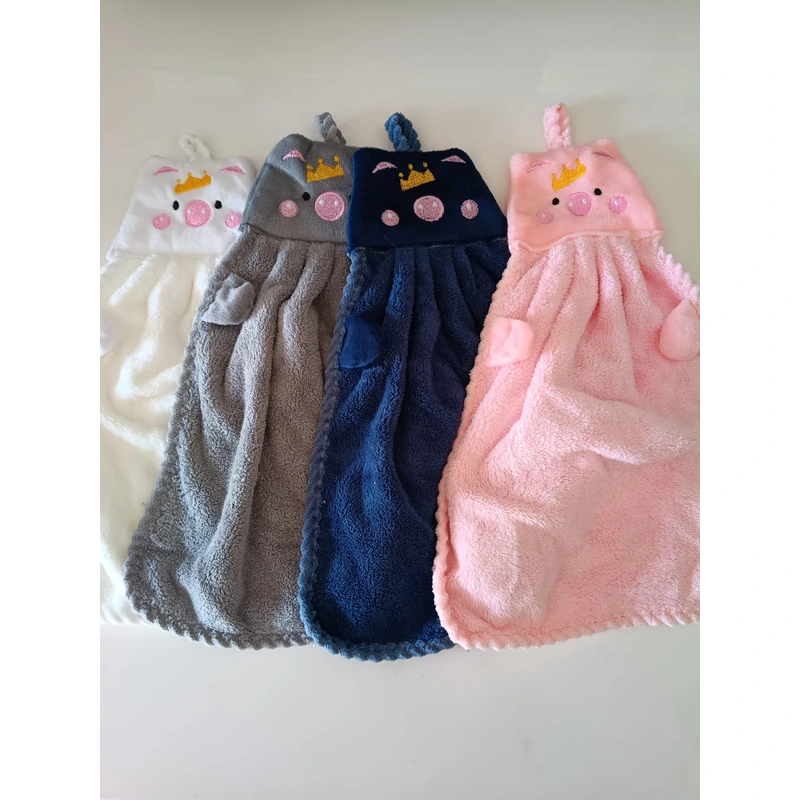 Set 4 Asciugamani a forma di maialino con occhiello in pile corallo per bagno o cucina in diversi colori - immagine 9