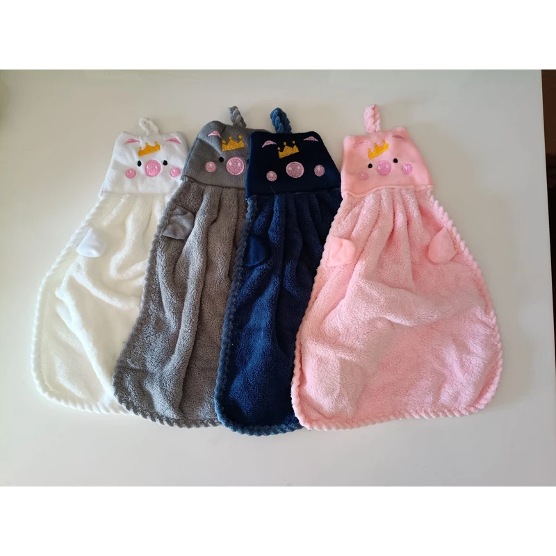 Set 4 Asciugamani a forma di maialino con occhiello in pile corallo per bagno o cucina in diversi colori - immagine 7