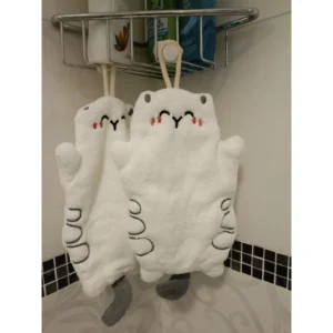 2 Asciugamani da bagno a forma di gatto con occhiello in pile corallo per bagno, cucina e bambini