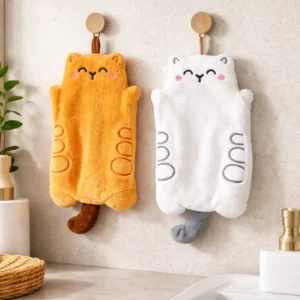 2 Asciugamani gatto con occhiello in pile corallo bianco e marrone | Asciugamano con Gatto stilizzato per bagno e cucina in 2 colori