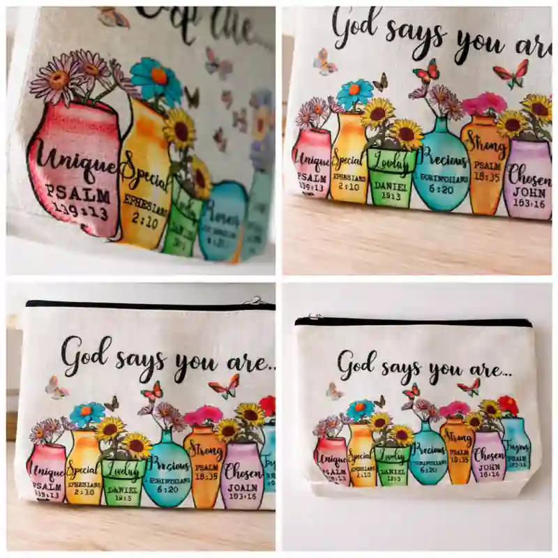 Pochette God Says You Are con Zip e Vasi Fioriti | Beauty Case con Versetti Biblici, messaggio positivo e ricco di significato - immagine 5