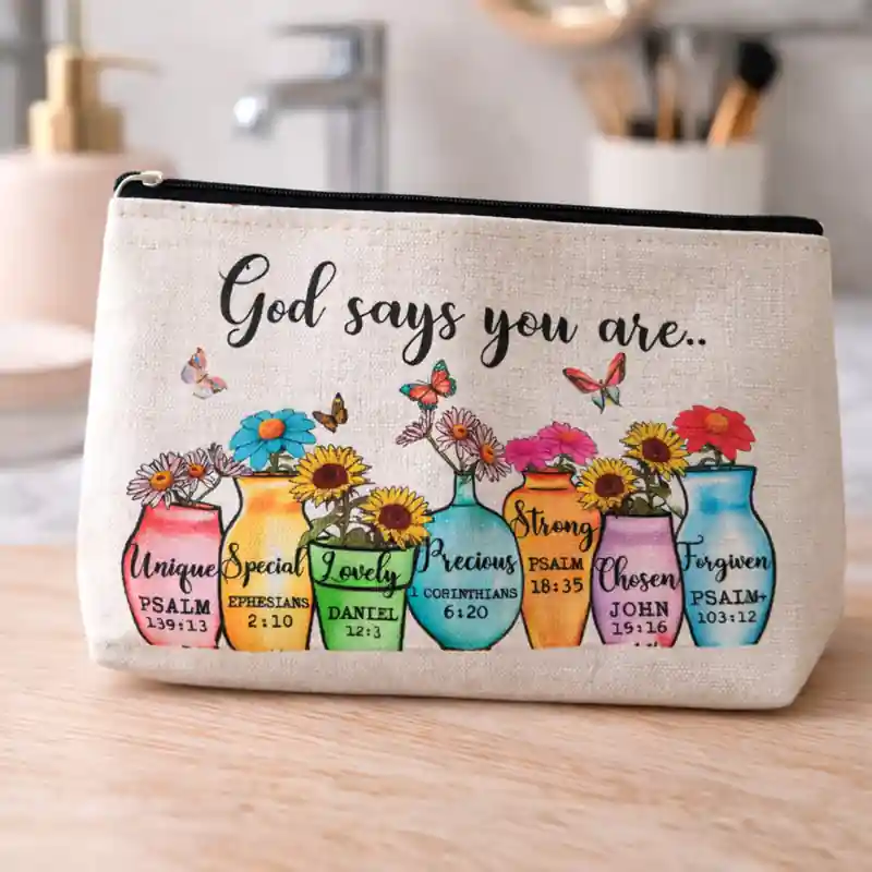 Pochette God Says You Are con Zip e Vasi Fioriti | Beauty Case con Versetti Biblici, messaggio positivo e ricco di significato - immagine 10