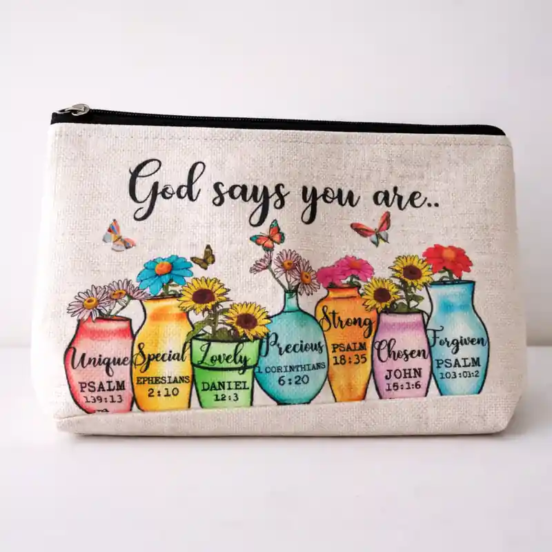 Pochette God Says You Are con Zip e Vasi Fioriti | Beauty Case con Versetti Biblici, messaggio positivo e ricco di significato - immagine 3