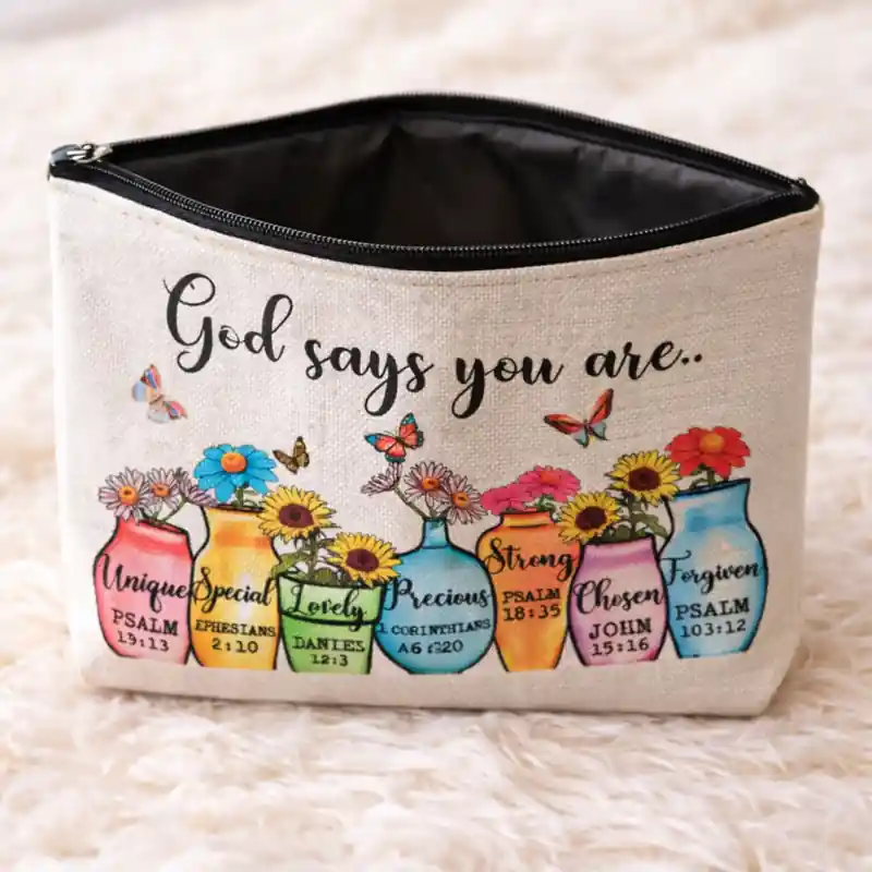 Pochette God Says You Are con Zip e Vasi Fioriti | Beauty Case con Versetti Biblici, messaggio positivo e ricco di significato - immagine 6
