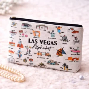 Pochette Las Vegas Alphabet Bianca con Zip | Beauty Case | Illustrazioni Iconiche che rendono famosa Las Vegas