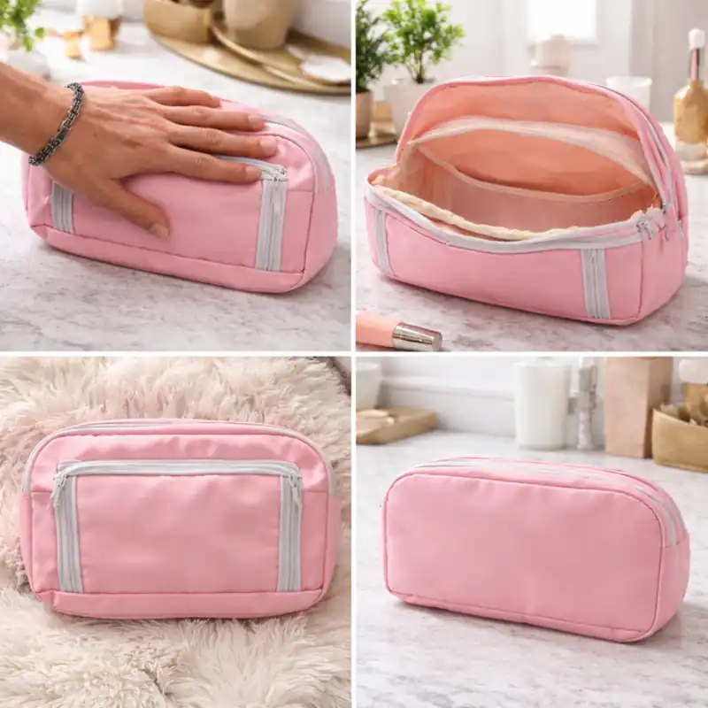 Beauty Case rosa con Doppio Scomparto e Zip | Con vano frontale separato e apertura superiore ampia - immagine 3