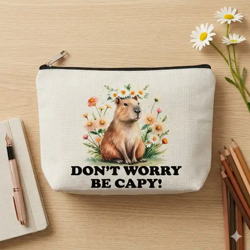 Pochette Don’t Worry Be Capy Bianca con Zip | Beauty Case Capibara con fiori e messaggio divertente e positivo - immagine 3
