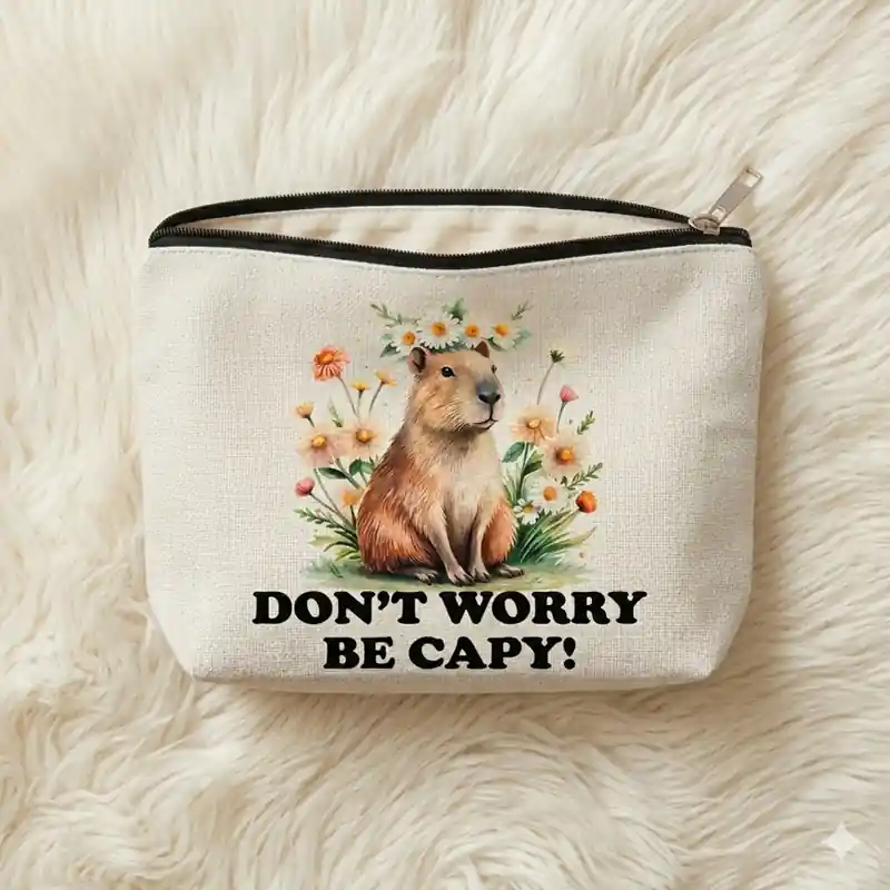 Pochette Don’t Worry Be Capy Bianca con Zip | Beauty Case Capibara con fiori e messaggio divertente e positivo - immagine 2