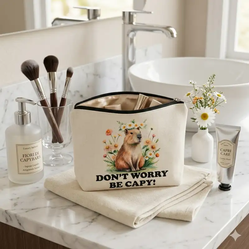 Pochette Don’t Worry Be Capy Bianca con Zip | Beauty Case Capibara con fiori e messaggio divertente e positivo
