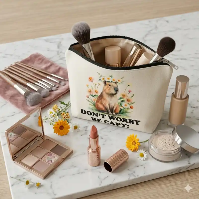 Pochette Don’t Worry Be Capy Bianca con Zip | Beauty Case Capibara con fiori e messaggio divertente e positivo - immagine 6