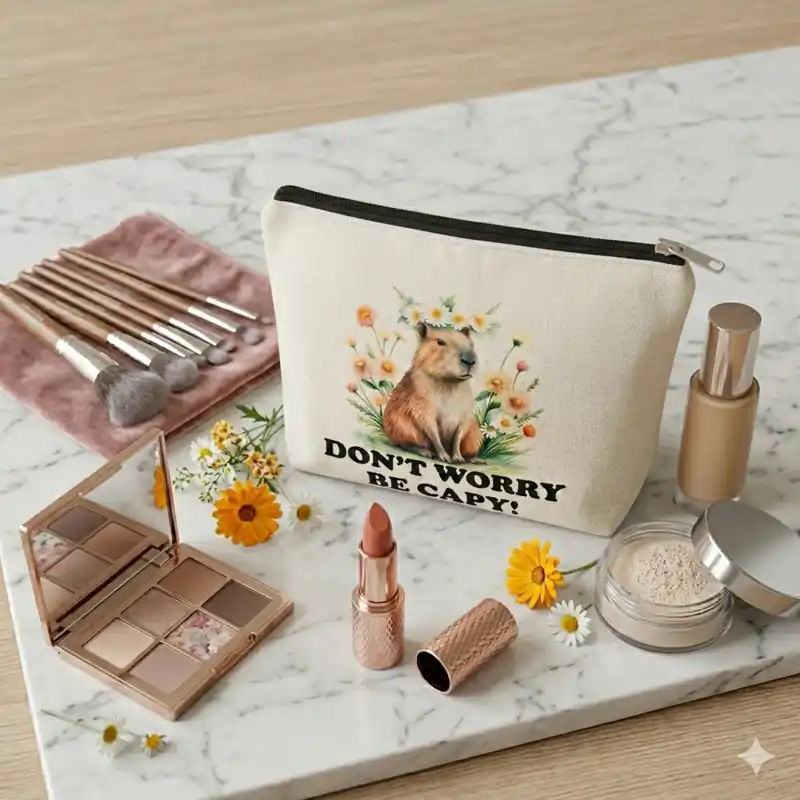 Pochette Don’t Worry Be Capy Bianca con Zip | Beauty Case Capibara con fiori e messaggio divertente e positivo - immagine 4