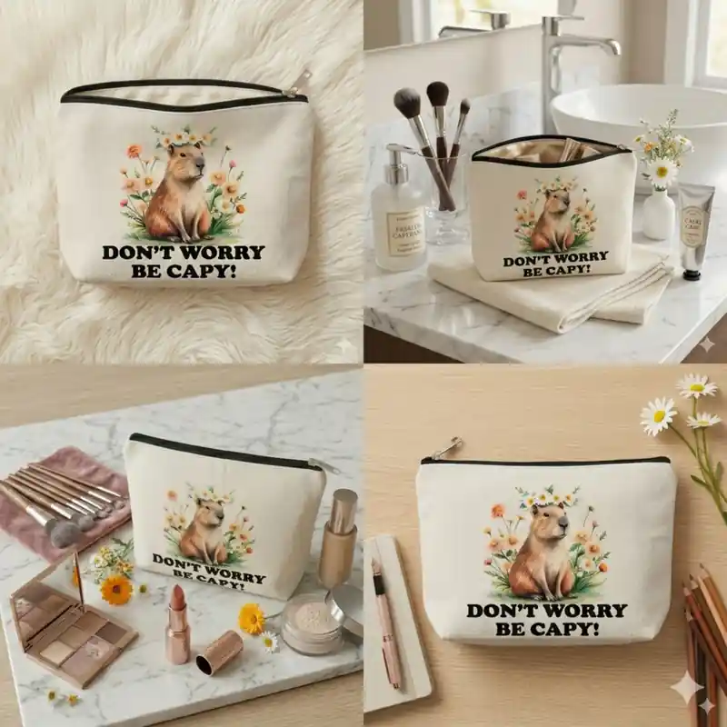 Pochette Don’t Worry Be Capy Bianca con Zip | Beauty Case Capibara con fiori e messaggio divertente e positivo - immagine 5