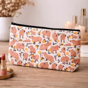Pochette Capibara Bianca con Zip e Fantasia Illustrata | Beauty Case con Fantasia All-Around di Animali tropicali