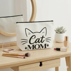 Pochette Cat Mom Bianca con Zip | Beauty Case Idea Regalo per Amanti dei Gatti | Con musetto stilizzato del gatto