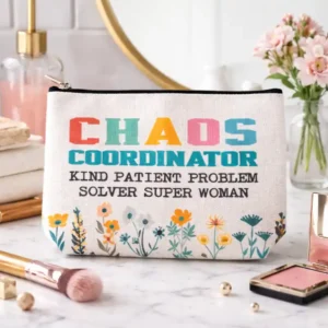 Pochette Chaos Coordinator Bianca con Zip | Beauty Case Idea Regalo con scritta e fiori per Donna sempre indaffarata