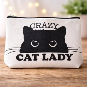 Pochette Crazy Cat Lady Bianca con Zip | Beauty Case Regalo per Cat Lover | Con viso stilizzato del gatto