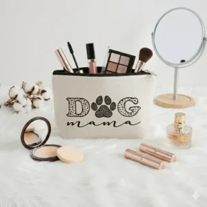 Pochette Dog Mama Bianca con Zip | Beauty Case Regalo per Amanti dei Cani con zampa stilizzata decorativa