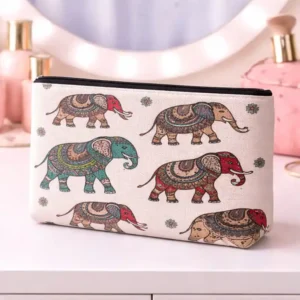 Pochette Elefanti Boho Bianca con Zip | Beauty Case con Fantasia Etnica di elefanti decorati in turchese, rosso, beige