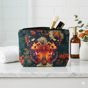 Pochette Farfalla Floreale Blu Scuro con Zip | Beauty Case Elegante con farfalla multicolore e sfondo floreale