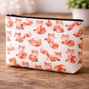 Pochette Volpe Bianca con Zip e Fantasia Illustrata | Beauty Case divertente con Volpi ripetute su tutta la superficie