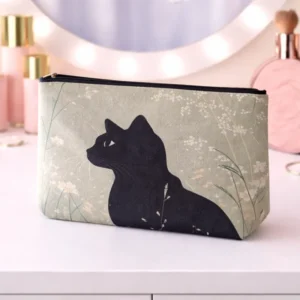 Pochette Gatto Nero Silhouette con Zip | Beauty Case con Silhouette Elegante con sfondo botanico, quasi nebbioso