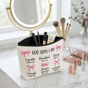 Pochette God Says I Am con Zip e Fiocchi Rosae | Beauty Case con Messaggi Cristiani | Dio dice che io sono