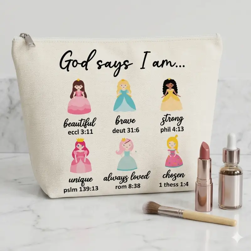 Pochette God Says I Am Beige con Principesse e zip | Beauty Case con Messaggio Cristiano, sereno e ispirazionale - immagine 4