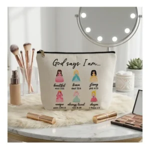 Pochette God Says I Am Beige con Principesse e zip | Beauty Case con Messaggio Cristiano, sereno e ispirazionale