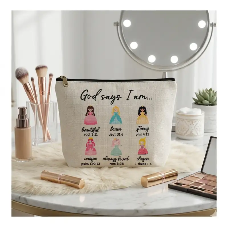 Pochette God Says I Am Beige con Principesse e zip | Beauty Case con Messaggio Cristiano, sereno e ispirazionale