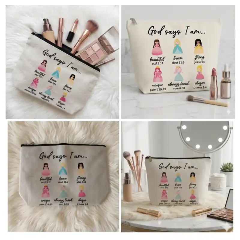 Pochette God Says I Am Beige con Principesse e zip | Beauty Case con Messaggio Cristiano, sereno e ispirazionale - immagine 5