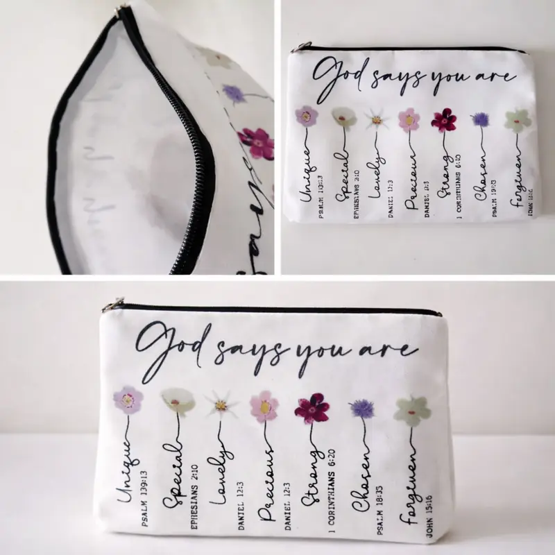Pochette God Says You Are con fiori e Zip | Beauty Case con Messaggio Cristiano parole ispirazionali, fiori colorati e riferimenti biblici - immagine 4