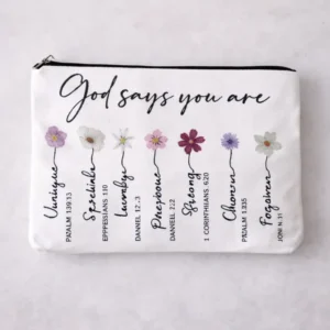 Pochette God Says You Are con fiori e Zip | Beauty Case con Messaggio Cristiano parole ispirazionali, fiori colorati e riferimenti biblici