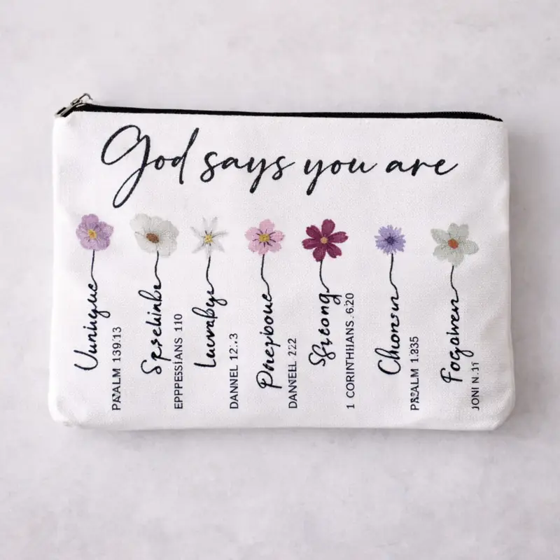 Pochette God Says You Are con fiori e Zip | Beauty Case con Messaggio Cristiano parole ispirazionali, fiori colorati e riferimenti biblici