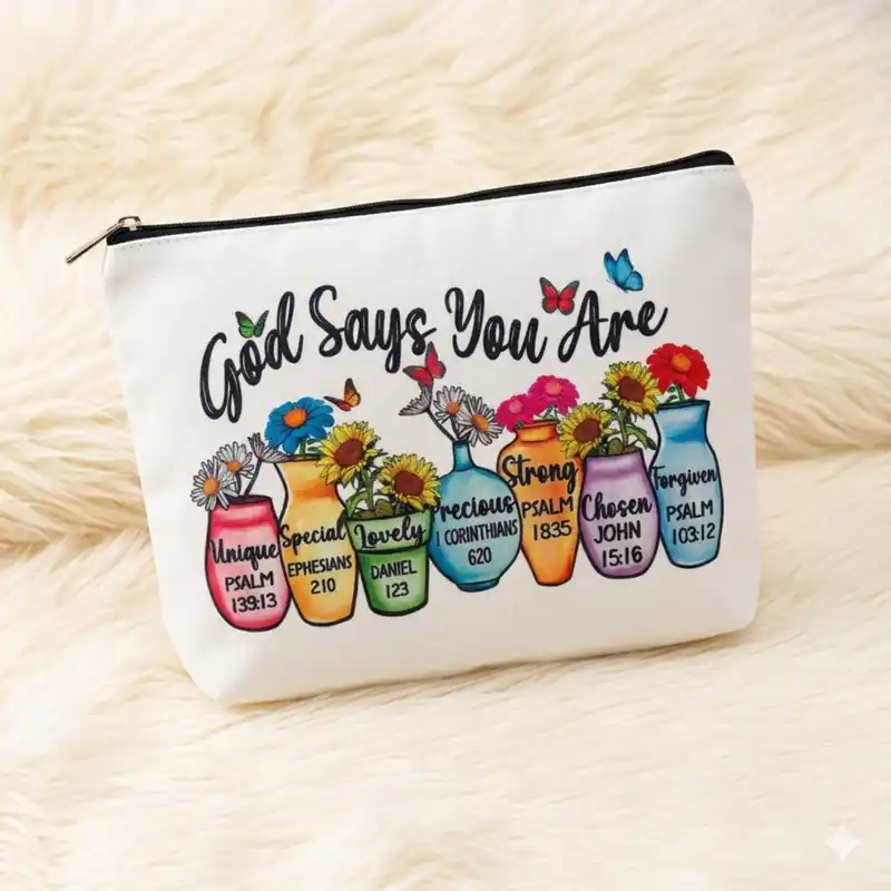 Pochette God Says You Are con Zip e Vasi Fioriti | Beauty Case con Versetti Biblici, messaggio positivo e ricco di significato