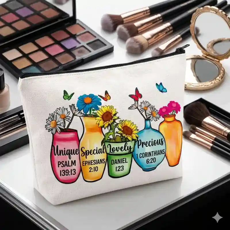 Pochette God Says You Are con Zip e Vasi Fioriti | Beauty Case con Versetti Biblici, messaggio positivo e ricco di significato - immagine 9
