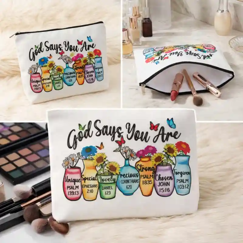 Pochette God Says You Are con Zip e Vasi Fioriti | Beauty Case con Versetti Biblici, messaggio positivo e ricco di significato - immagine 7