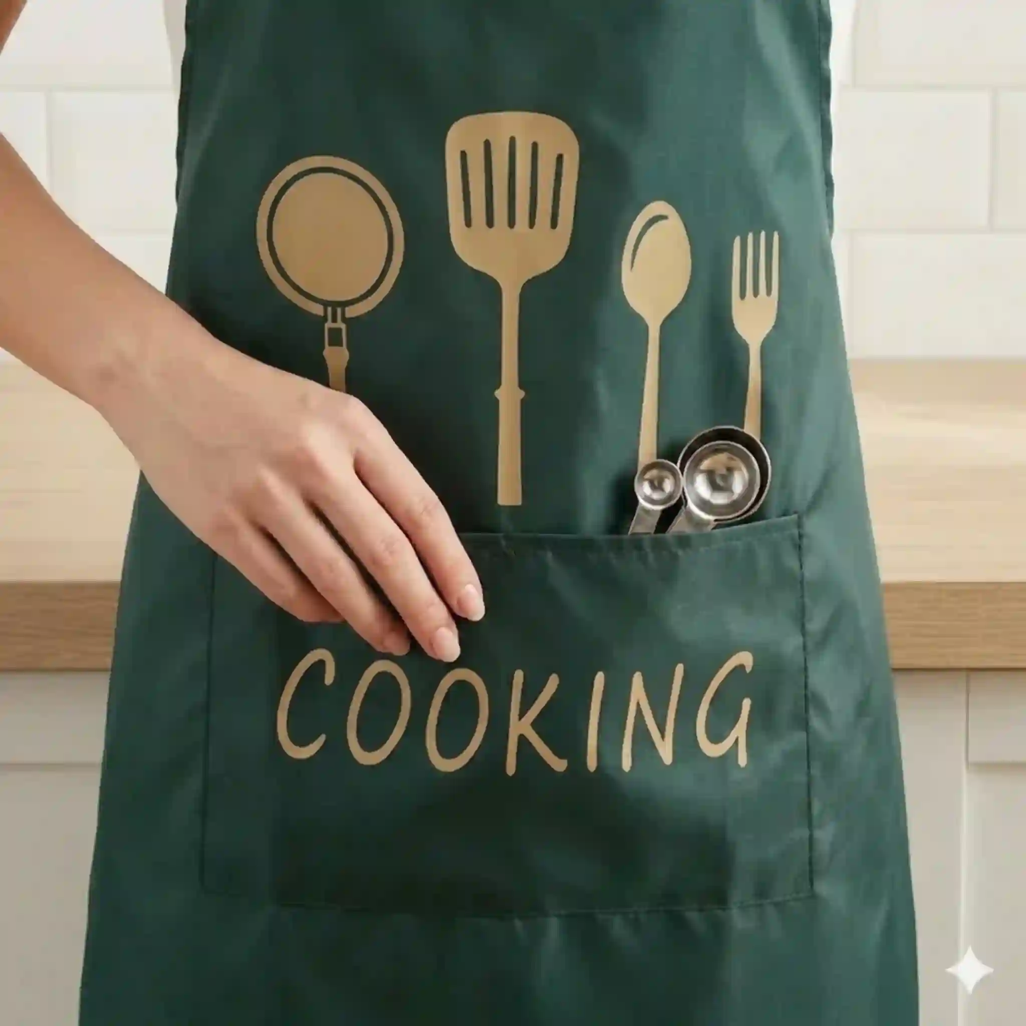 Grembiule da Cucina verde con Stampa Dorata – Protezione dagli schizzi e Tasca frontale per piccoli accessori