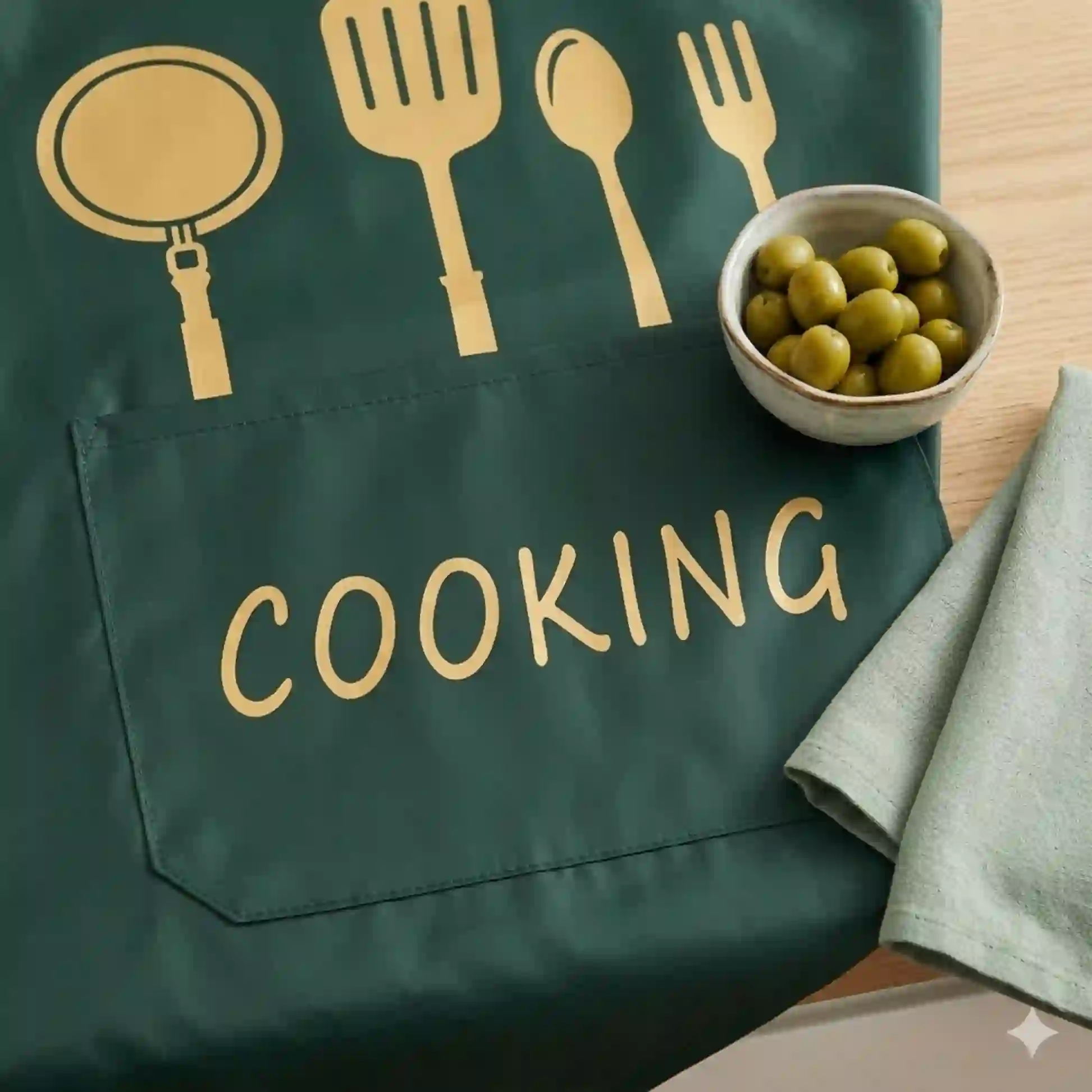 Grembiule da Cucina verde con Stampa Dorata – Protezione dagli schizzi e Tasca frontale per piccoli accessori - immagine 3