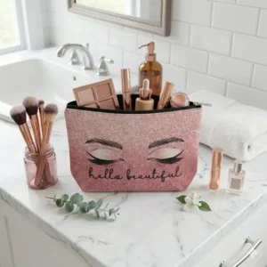 Pochette Hello Beautiful con Zip | Beauty Case Make Up porta trucchi Ciao Bellissima rosa con effetto brillante