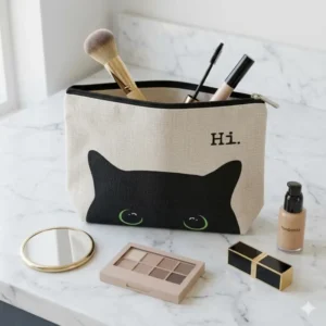 Pochette Hi cat, "Ciao gatto" con Zip | Beauty Case con Gatto Nero per gli amanti dei gatti in stile minimal