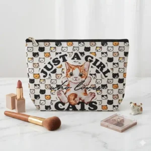 Pochette Just a Girl Who Loves Cats con Zip | Beauty Case con tante faccine di gatto | Regalo per amante dei gatti