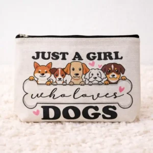 Pochette Just a Girl Who Loves Dogs con osso e Zip | Beauty Case con cagnolini | Idea Regalo per donna amante dei cani