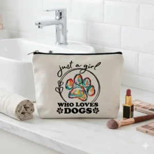 Pochette Just a Girl Who Loves Dogs Beige con Zampa Colorata e zip | Beauty Case decorato per amanti dei cani