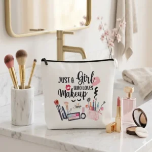 Pochette Just a Girl Who Loves Makeup con Zip | Beauty Case per pennelli, rossetto, profumo, mascara, specchietto e palette
