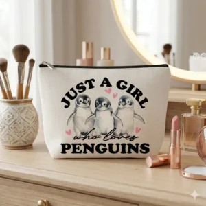 Pochette Just a Girl Who Loves Penguins con Zip | Beauty Case per donna | Idea Regalo con pinguini e cuoricini rosa